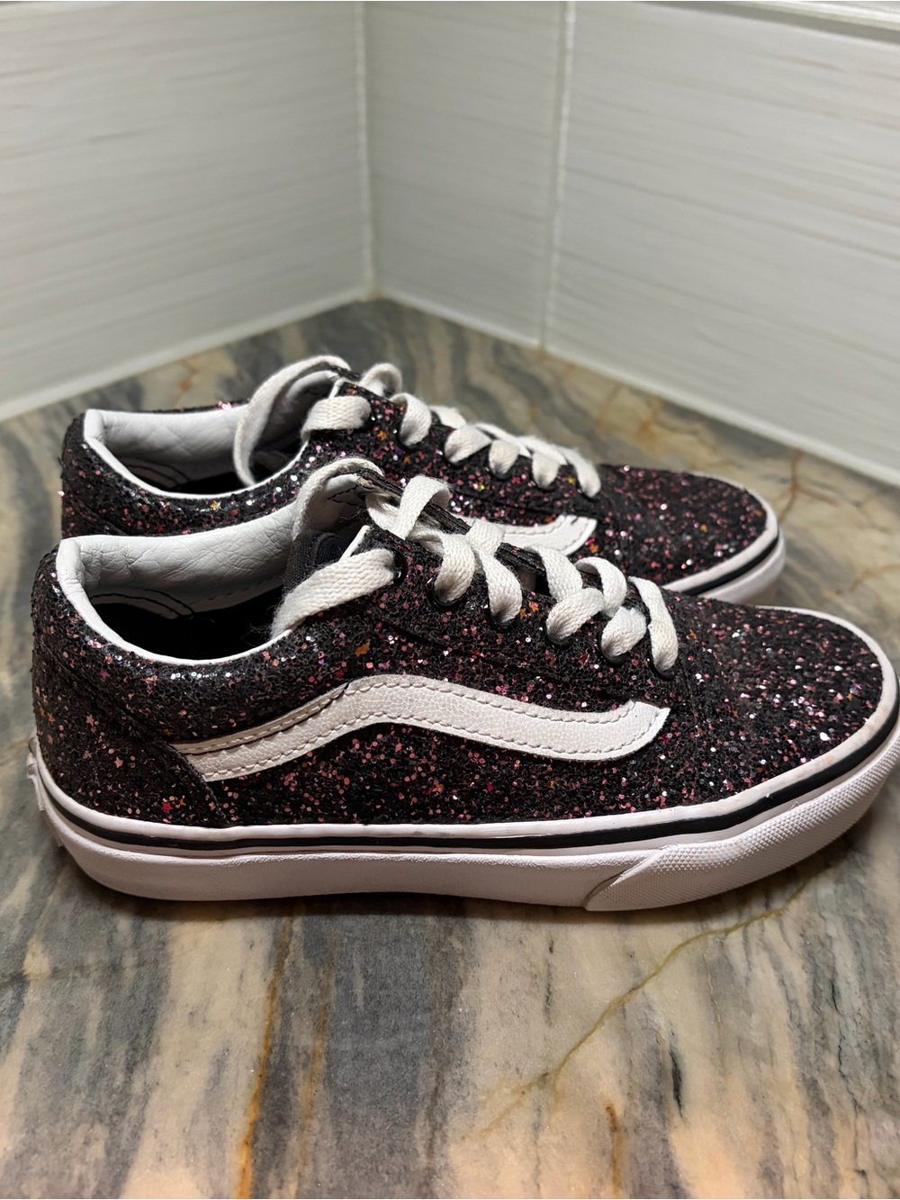 Vans Old Skool Low Top Black Sparkle Glitter Star Sneakers Shoes Kids Size 13.5